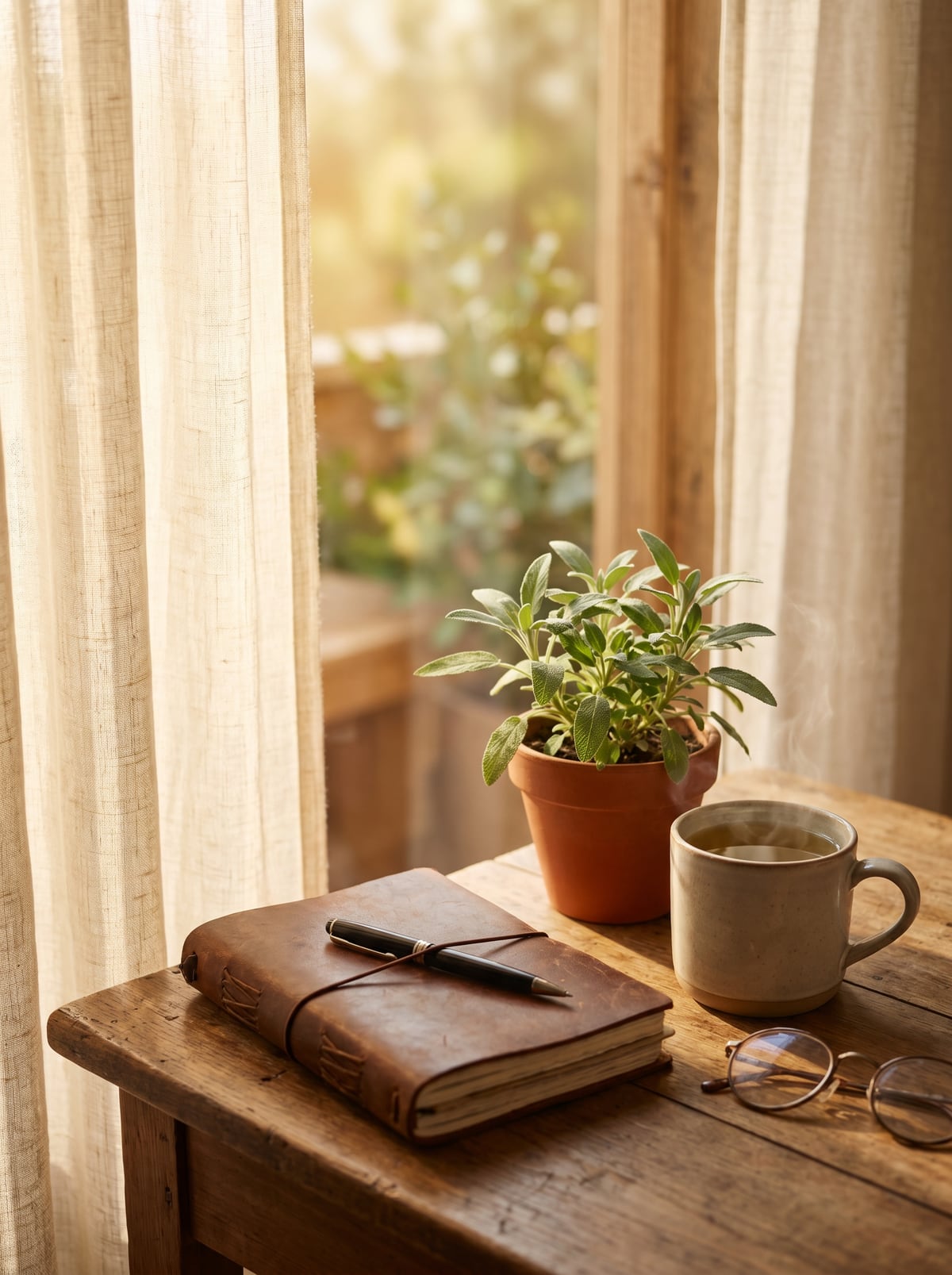 A leather journal, a cup of tea, and a plant on a sunlit desk by a window
