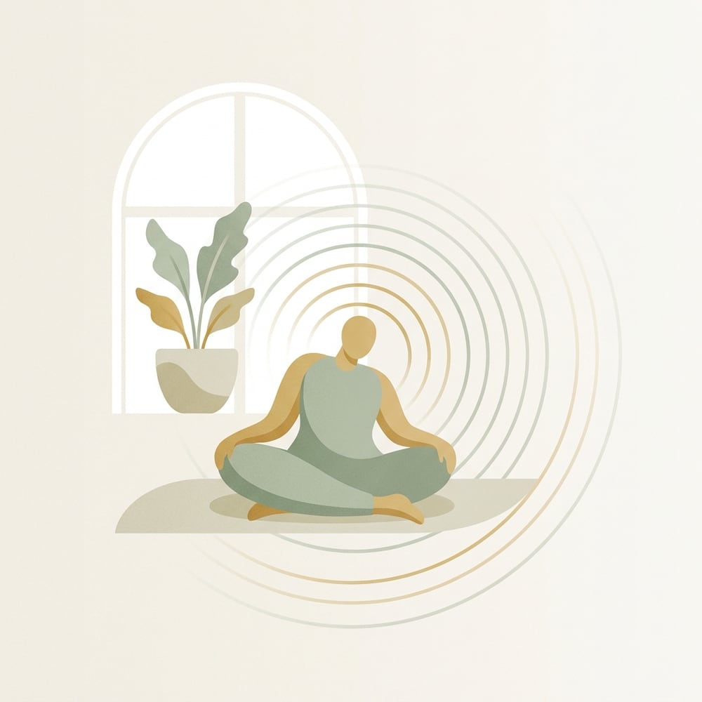 A calm illustration of a person seated by a window, the nervous system settling into stillness