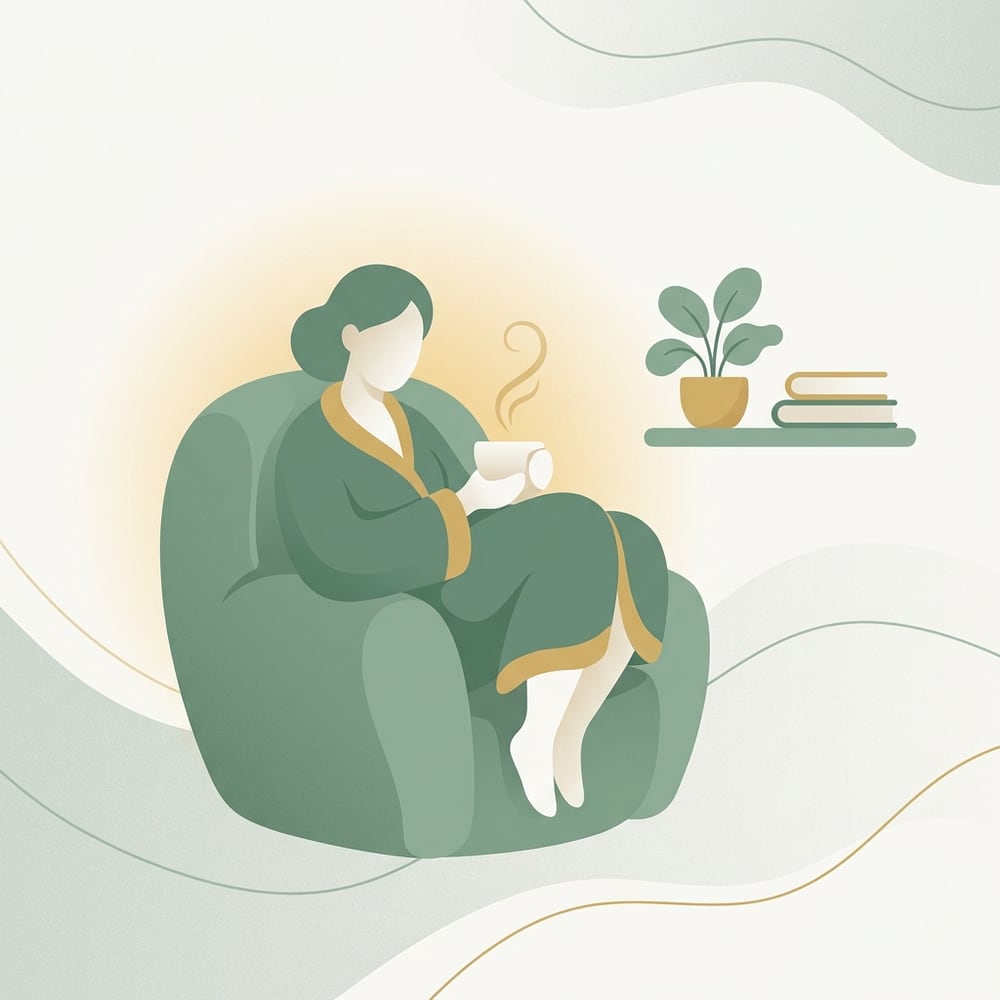 A restful illustration of a person recovering in a chair with a warm cup, refilling after depletion