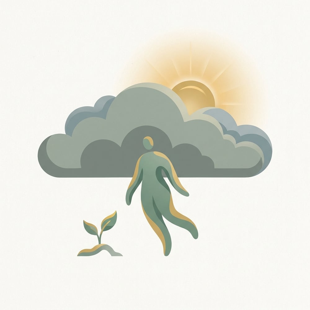 A gentle illustration of a person rising from heaviness toward warm light, motivation slowly returning