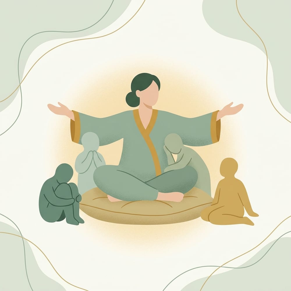 A warm illustration of a person with open arms welcoming smaller figures gathered around them, every part welcome