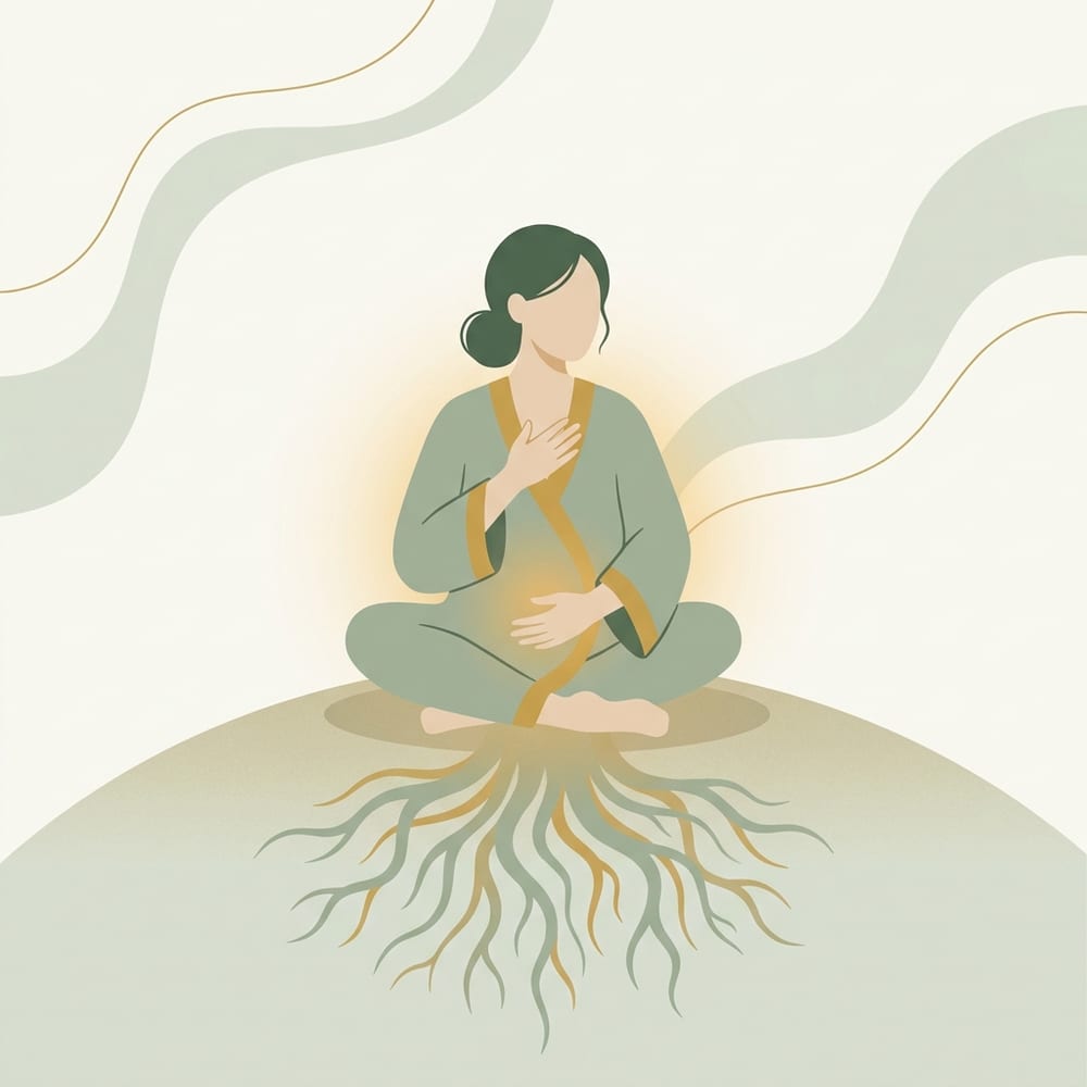 A calm illustration of a person seated with roots grounding into the earth, settled and present in their body