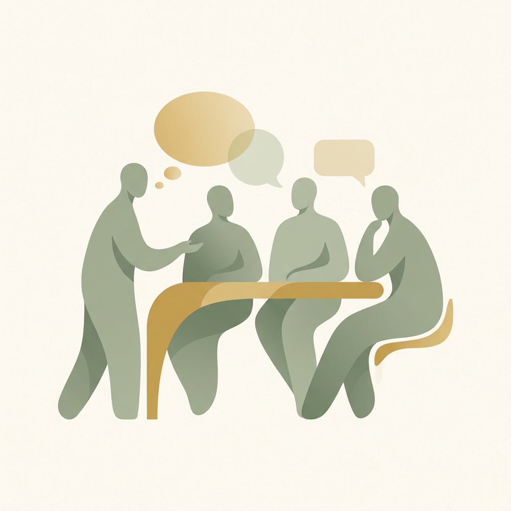 A calm illustration of a small group in warm conversation around a table, conveying psychological safety at work