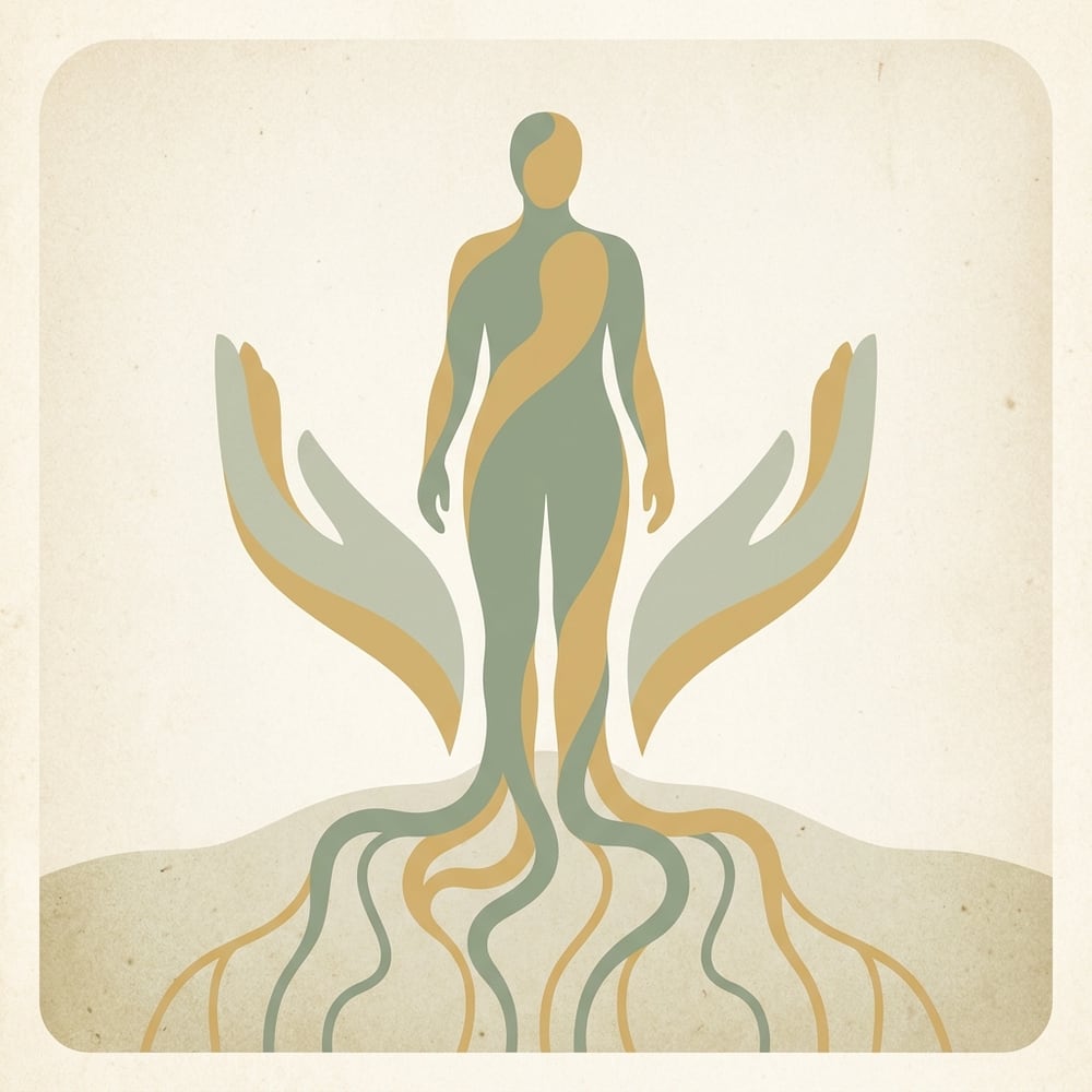 A calm illustration of a person standing steady, held by cupped hands and rooted gently into the earth