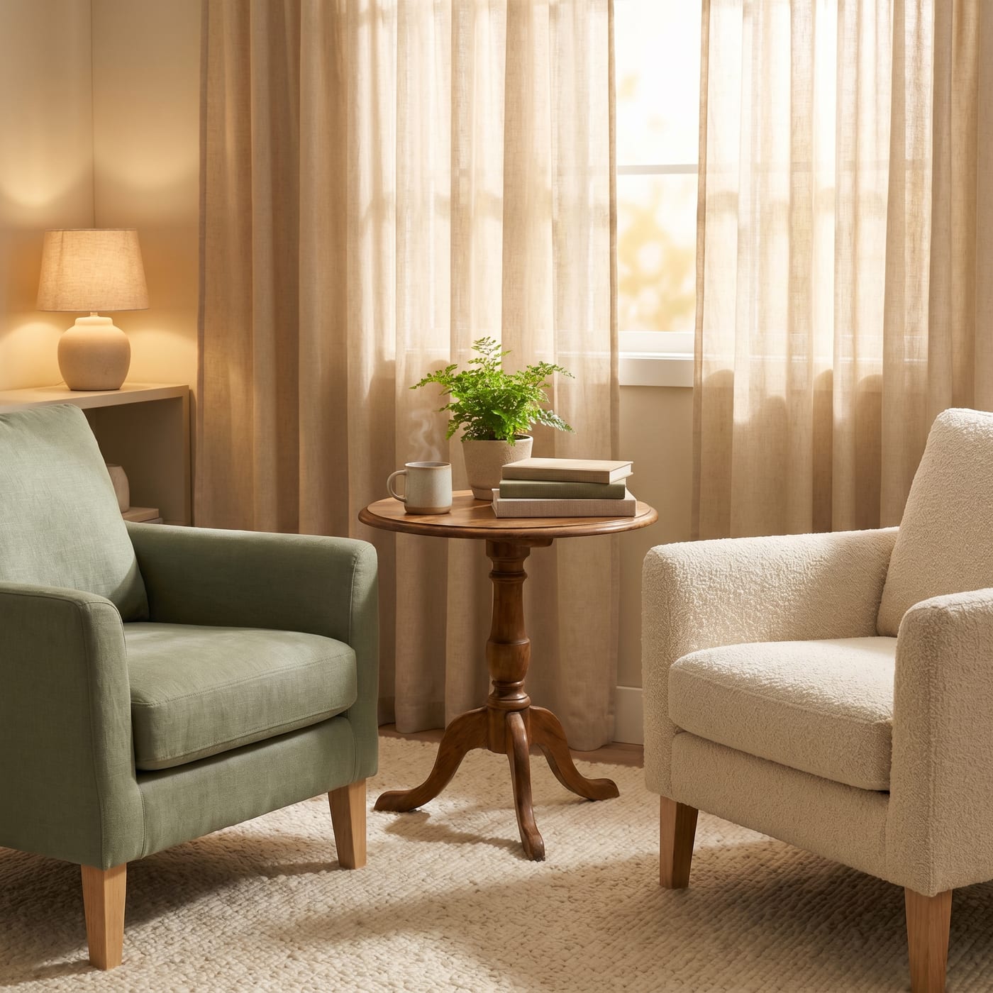 A quiet, sunlit room with two armchairs, a plant, and soft curtains
